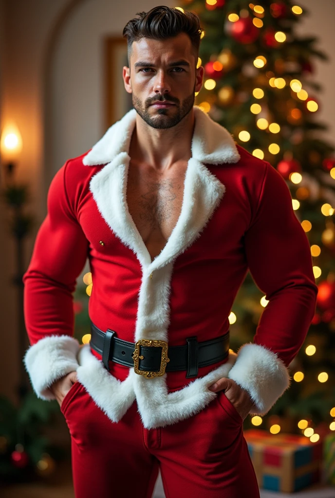 photoreal+, photorealistic+, Caucasian thirty years man in clothes of Father Christmas, beautiful model man, naked chest, snowflakes, winter, Christmas tree, outdoors, RAW photo, best quality, masterpiece, soft shadows, sharp focus, depth of field, 32k, extremely detailed eyes and face, cinematic, wide-angle, movie still, sharp lens, high contrast, best quality, 100mm, film photography, dramatic lighting, atmospheric, volumetric lighting, intricate details, perfect, dynamic colors, HDR, artistic, VistaVision <lora:muscle_slider_v1:0.6> <lora:vodka_v4_portraits:0.2><lora:nlc_blue:0.75><lora:Hor3d:0.2><lora:Elixir:0.35><lora:difConsistency_photo:0.35>