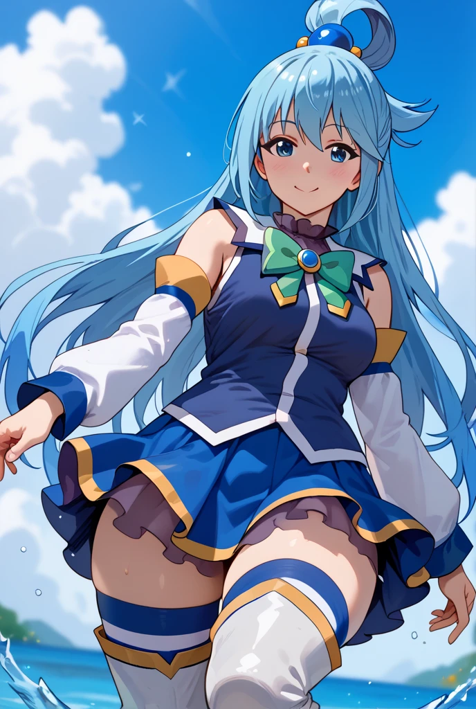 girl,aqua (konosuba), kono subarashii sekai ni shukufuku wo!,blue hair,long hair,hair rings,single hair rings,blue shirt,blue skirt,hair ornament,bare shoulder,green bow,detached sleeves, thighhighs,thigh boots, highly detailed