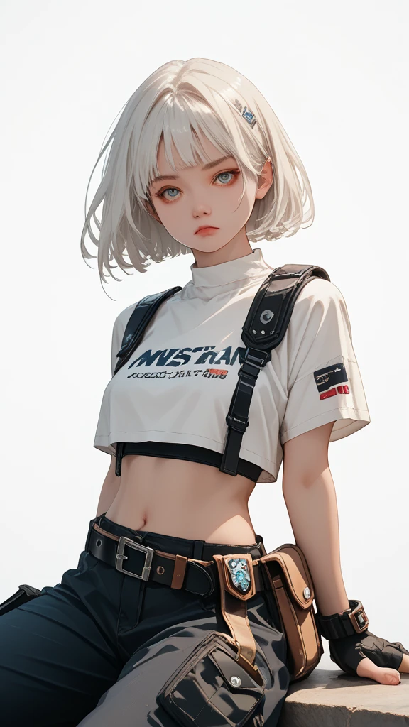 (masterpiece, best quality:1.2), solo, 1girl, White skin, white-skinned female, looking at viewer, crop top, fingerless gloves, belt, pouch, white background, dramatic pose, black short,  Hair Strand, sitting