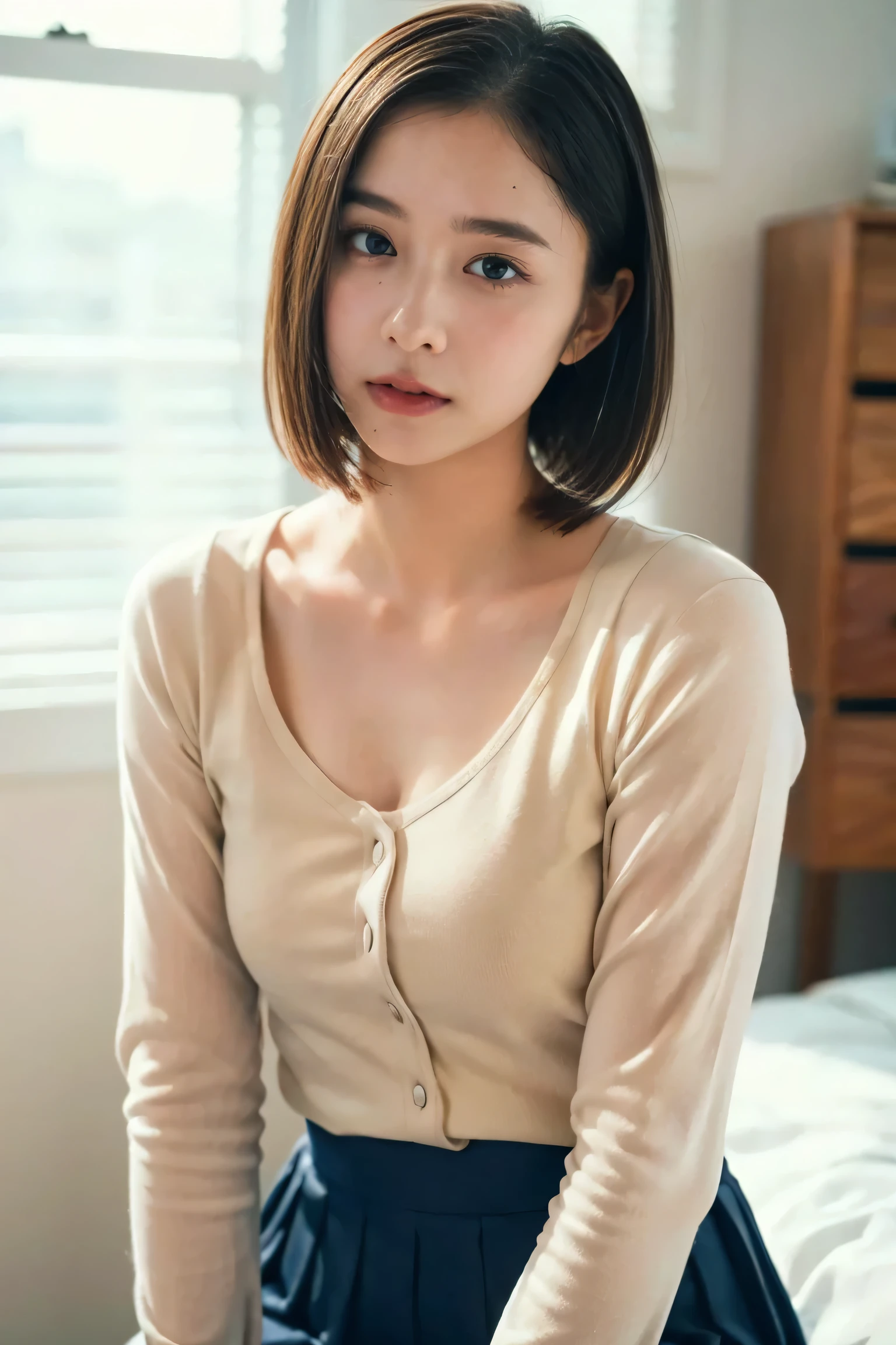 a beautiful young girl with short bob haircut, in her bedroom, crawling position, wearing a navy blue pleated skirt, white dress shirt with long sleeves rolled up, bow ribbon, 1girl, detailed face, beautiful detailed eyes, beautiful detailed lips, extremely detailed eyes and face, long eyelashes, medium shot, bedroom interior, warm lighting, natural lighting, cinematic, intricate details, masterpiece, (best quality,4k,8k,highres,masterpiece:1.2),ultra-detailed,(realistic,photorealistic,photo-realistic:1.37),soft colors, pastel colors, elegant, fashionable, school uniform