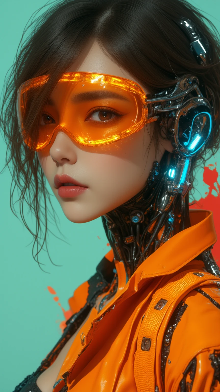 This is a very detailed portrait of a cyborg, a futuristic woman with a sophisticated and edgy appearance. Her dark, matte hair returns to a casual yet functional style, and loose strands wrap around her face. She is wearing a glowing orange visor that contrasts with pale skin, and her lips are slightly cracked and she has a sharp, confident expression. It adds a wild and harsh atmosphere. Wires, metal panels, and bright blue lights that show the right side of the head and neck reveal complex cybernetic components. Her mechanical modifications are seamlessly integrated into natural features, highlighting the duality of human beauty and machinery. The bold orange outfit creates a unified and impressive visual aesthetic by matching people with the visor's empty expressions and mechanical accents. The background is a calm teal with a subtle red splash, which maintains a futuristic and urban atmosphere while focusing on dynamic design. The composition depicts a powerful character in the world inspired by cyberpunk