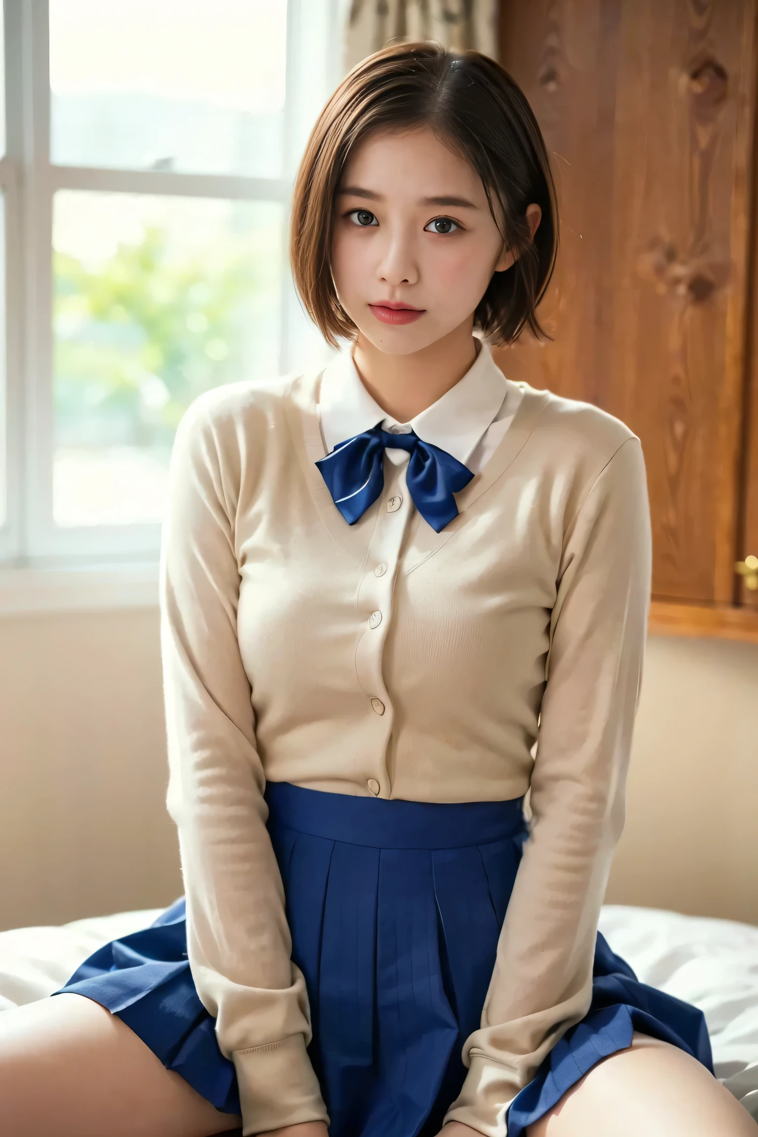 a beautiful young girl with short bob haircut, in her bedroom, spread legs, wearing a navy blue pleated skirt, white dress shirt with long sleeves, bow ribbon, 1girl, detailed face, beautiful detailed eyes, beautiful detailed lips, extremely detailed eyes and face, long eyelashes, medium shot, bedroom interior, warm lighting, natural lighting, cinematic, intricate details, masterpiece, (best quality,4k,8k,highres,masterpiece:1.2),ultra-detailed,(realistic,photorealistic,photo-realistic:1.37),soft colors, pastel colors, elegant, fashionable, school uniform