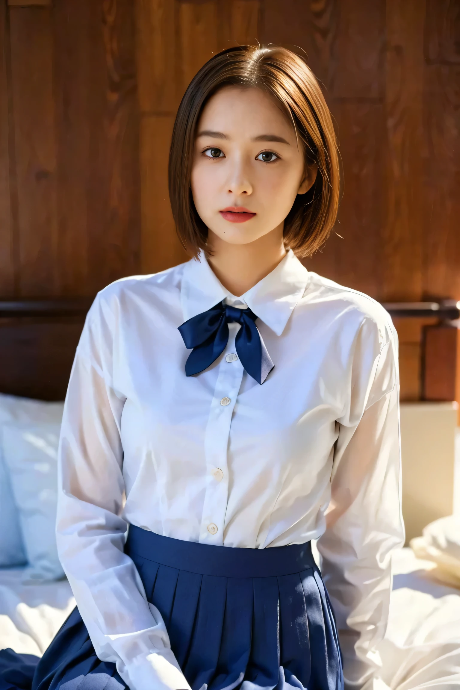 a beautiful young girl with short bob haircut, in her bedroom, spread legs, wearing a navy blue pleated skirt, white dress shirt with long sleeves, bow ribbon, 1girl, detailed face, beautiful detailed eyes, beautiful detailed lips, extremely detailed eyes and face, long eyelashes, medium shot, bedroom interior, warm lighting, natural lighting, cinematic, intricate details, masterpiece, (best quality,4k,8k,highres,masterpiece:1.2),ultra-detailed,(realistic,photorealistic,photo-realistic:1.37),soft colors, pastel colors, elegant, fashionable, school uniform