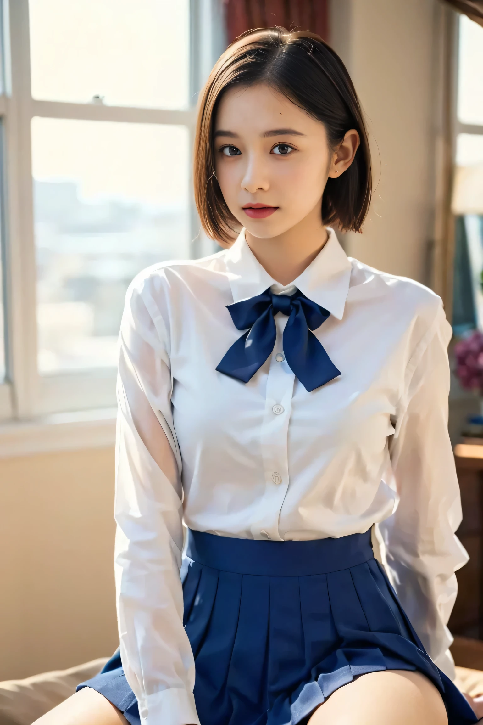 a beautiful young girl with short bob haircut, in her bedroom, spread legs, wearing a navy blue pleated skirt, white dress shirt with long sleeves, bow ribbon, 1girl, detailed face, beautiful detailed eyes, beautiful detailed lips, extremely detailed eyes and face, long eyelashes, medium shot, bedroom interior, warm lighting, natural lighting, cinematic, intricate details, masterpiece, (best quality,4k,8k,highres,masterpiece:1.2),ultra-detailed,(realistic,photorealistic,photo-realistic:1.37),soft colors, pastel colors, elegant, fashionable, school uniform