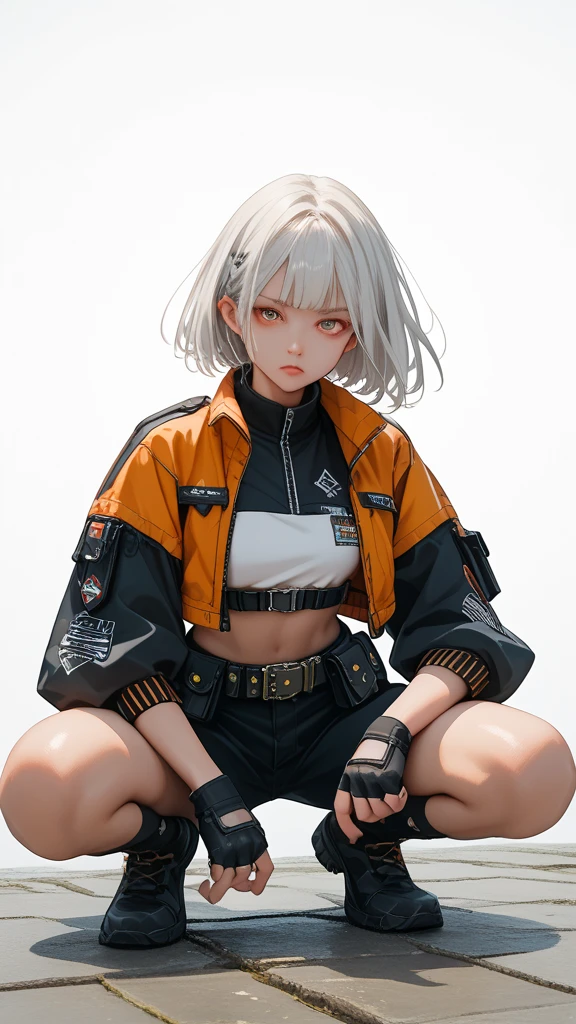 (masterpiece, best quality:1.2), solo, 1girl, White skin, white-skinned female, looking at viewer, crop top, jacket fingerless gloves, belt, pouch, white background, dramatic pose, black short,  Hair Strand, Squat