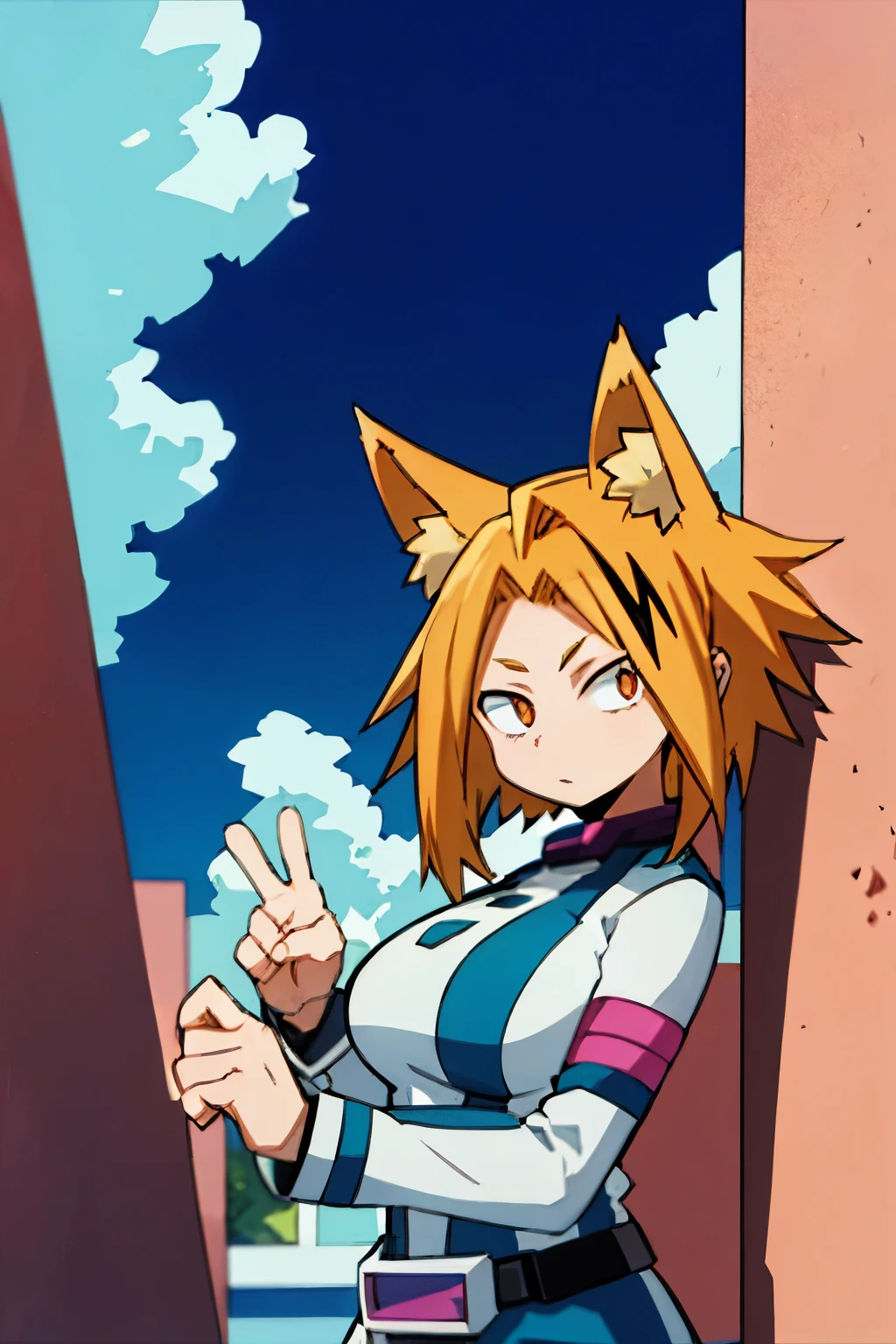 thick outlines, comics, photorealistic ,  masterpiece:1.2, , 1 girl, Alone,  big breasts, , ochako, hair marrón con puntas del pelo azul turquesa, body,  belt, sky, levitating rocks ,  detailed background ,  detailed face ,  detailed turquoise eyes ,  hair largo a las piernas,  Fox ears, hair largo & Kaminari denki  masterpiece,  better quality, De alta calidad, 1 , Alone,  male focus,  looking at the spectator,  upper body, Kaminari_thank you, blonde hair,  multicolored _hair