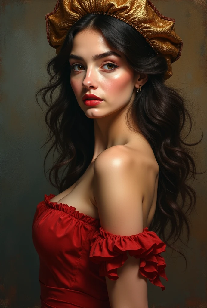 ,[exotic::.2] Spanish girl, sitting on a table, Dark luscious hair, , (heavy eyeshadow), slender, (collar, teardrop earrings:1), jewelry, red tulle micro dress, fantasy art, concept art, sexy pinup, highly detailed, high quality, 8k, delicate features, feminine, seductive, warm soft lighting, (style of howard chandler christy:1.0), (art by jean-joseph benjamin-constant:1.3)
