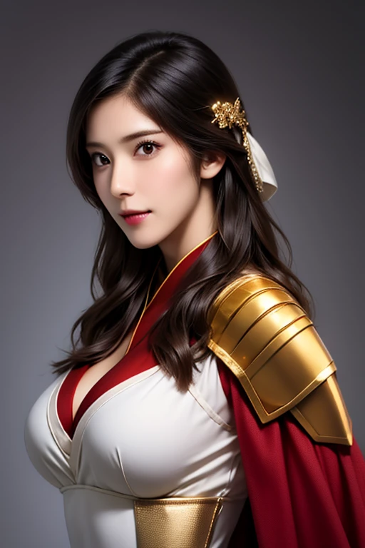 ((The upper body of a female warrior wearing gold and red armor and a cloak:1.4)),1 person,  black hair,  belly shortcut   ,Big breasts and cleavage,  high-definition face and skin texture  ,  staring at the camera,   Chinese Warrior:1.2,  perfect beauty: 1.4, fine grain,  double eyelids in a judo suit ,  whitening for women with bristles, top quality ,  super high res ,  simple background，Symmetrical Normal Eyes   , hair accessories, Slim Waist ,