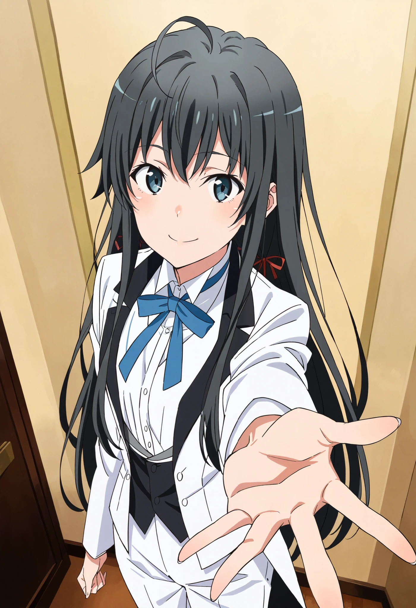 score_9, score_8_up, score_7_up, score_6_up, score_5_up, score_4_up1girl, solo, yukinoshita yukino,, suit tuxedo , , long hair, bangs, sidelocks, indoors, standing,happy,smile,looking at viewer, cowboy shot, blue tie woman in formal attractive suit tuxedo tailcoat standing in a large alcove in the room, , reaching towards viewer , one hand , badass , 