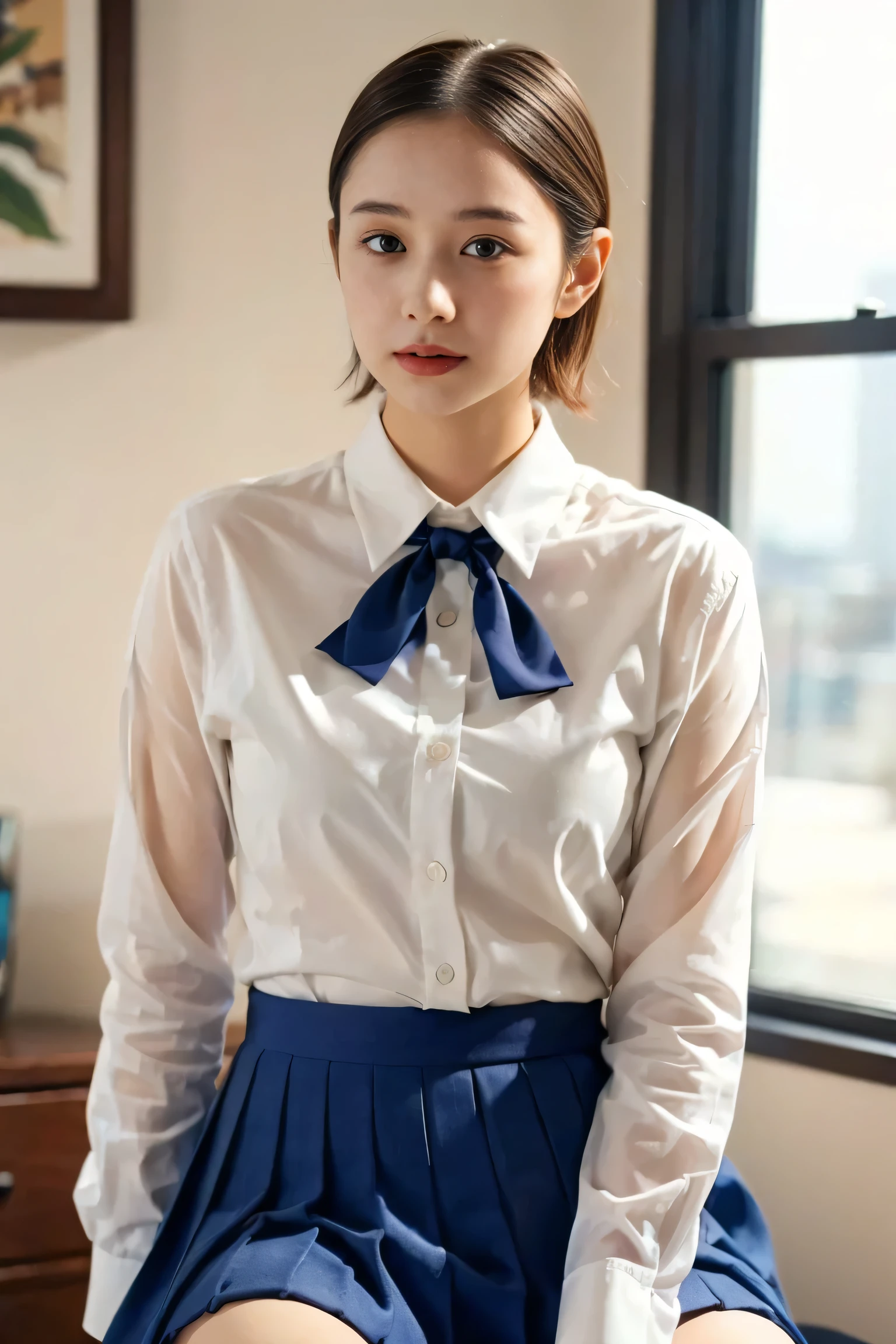 a beautiful young girl with short haircut, in her bedroom, spread legs, wearing a navy blue pleated skirt, white dress shirt with long sleeves, bow ribbon, 1girl, detailed face, beautiful detailed eyes, beautiful detailed lips, extremely detailed eyes and face, long eyelashes, medium shot, bedroom interior, warm lighting, natural lighting, cinematic, intricate details, masterpiece, (best quality,4k,8k,highres,masterpiece:1.2),ultra-detailed,(realistic,photorealistic,photo-realistic:1.37),soft colors, pastel colors, elegant, fashionable, school uniform