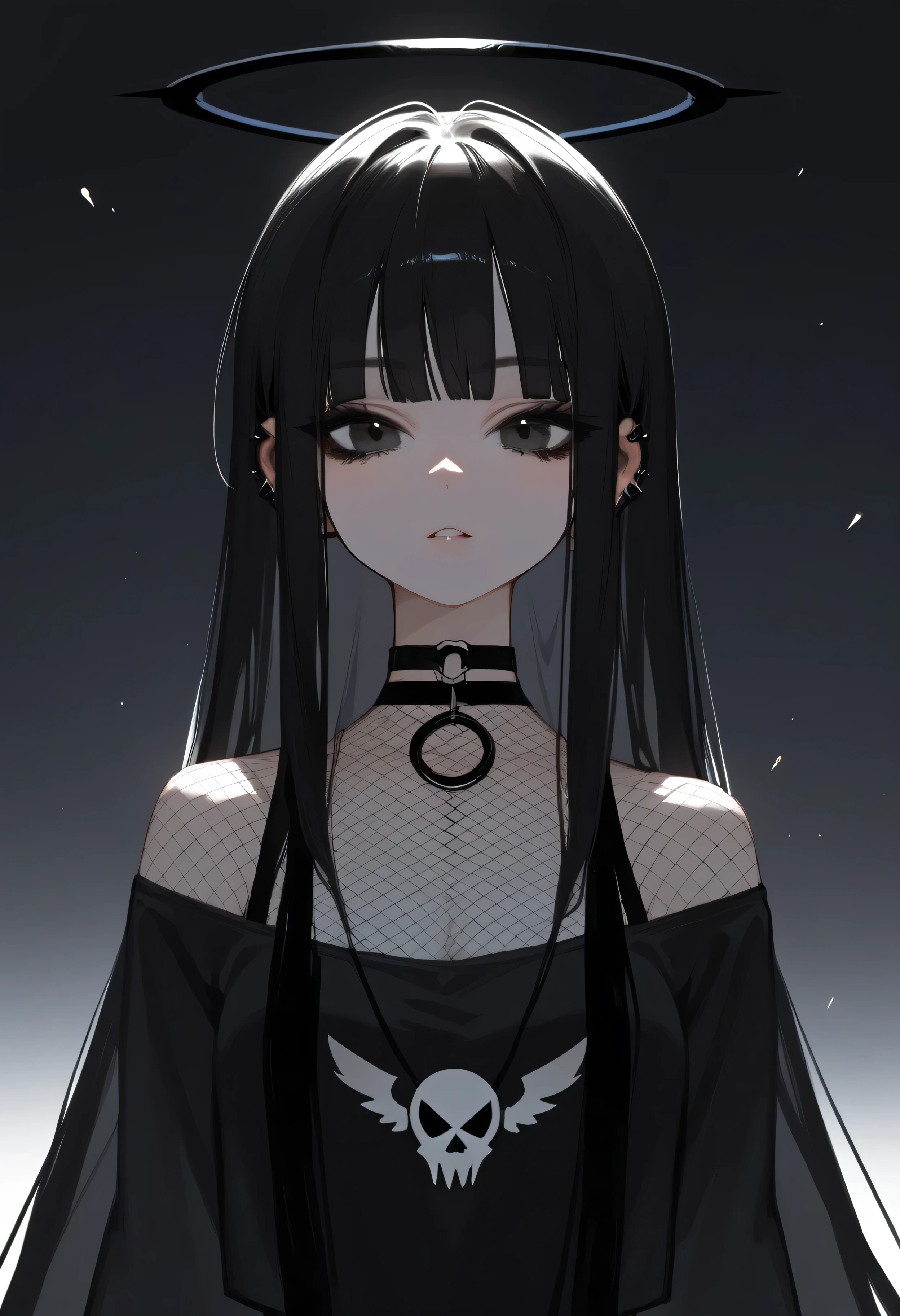 Girl, Goth Girl, black hair, black eye, black halo, long hair