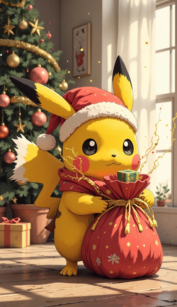  The Pikachu wearing a Christmas hat and a big red gift bag.
He's shooting rays down his cheeks .
 In the background a modern room with Christmas ornaments .
(anime style 32K, 3d, HDR, UHD, intricate detail, extremely intricate detail, hyperrealistic, extremely realistic, high quality,    vivid color   , extremely detailed).