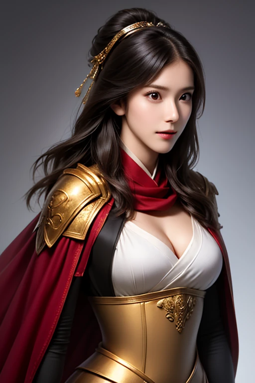 ((The upper body of a female warrior wearing gold and red armor and a cloak:1.4)),1 person,  black hair,  belly shortcut   ,Big breasts and cleavage,  high-definition face and skin texture  ,  staring at the camera,   Chinese Warrior:1.2,  perfect beauty: 1.4, fine grain,  double eyelids in a judo suit ,  whitening for women with bristles, top quality ,  super high res ,  simple background，Symmetrical Normal Eyes   , hair accessories, Slim Waist ,