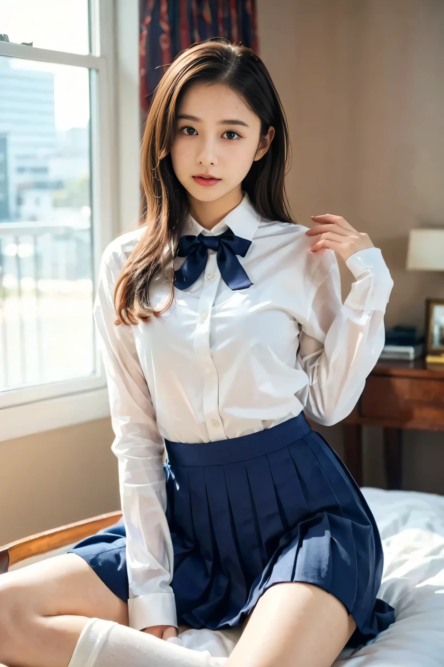 a beautiful young girl, in her bedroom, spread legs, wearing a navy blue pleated skirt, white dress shirt with long sleeves, bow ribbon, 1girl, detailed face, beautiful detailed eyes, beautiful detailed lips, extremely detailed eyes and face, long eyelashes, medium shot, bedroom interior, warm lighting, natural lighting, cinematic, intricate details, masterpiece, (best quality,4k,8k,highres,masterpiece:1.2),ultra-detailed,(realistic,photorealistic,photo-realistic:1.37),soft colors, pastel colors, elegant, fashionable, school uniform