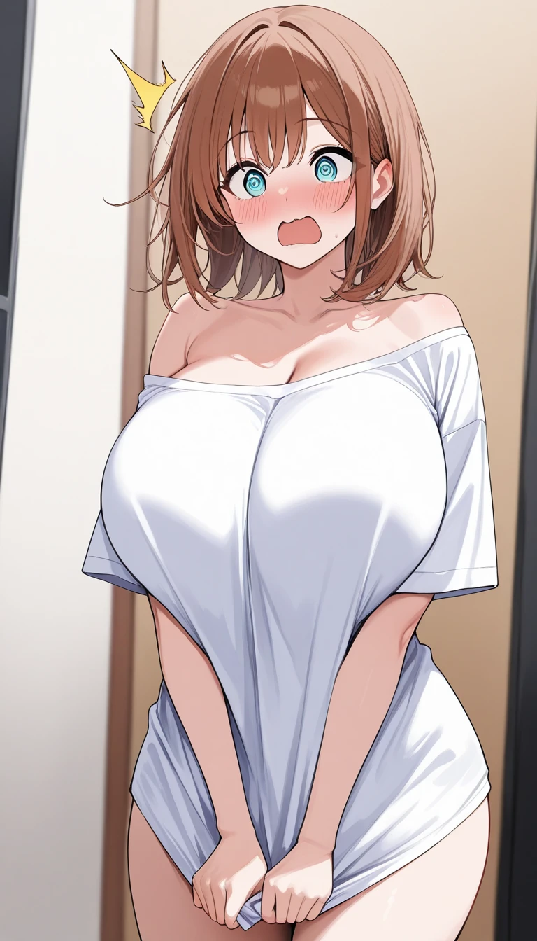 1girl,oversized shirt, shirt, off shoulder,brown hair,blush Surprised face,@_@,shirt, naked shirt, shirt tug,huge breasts,from front,