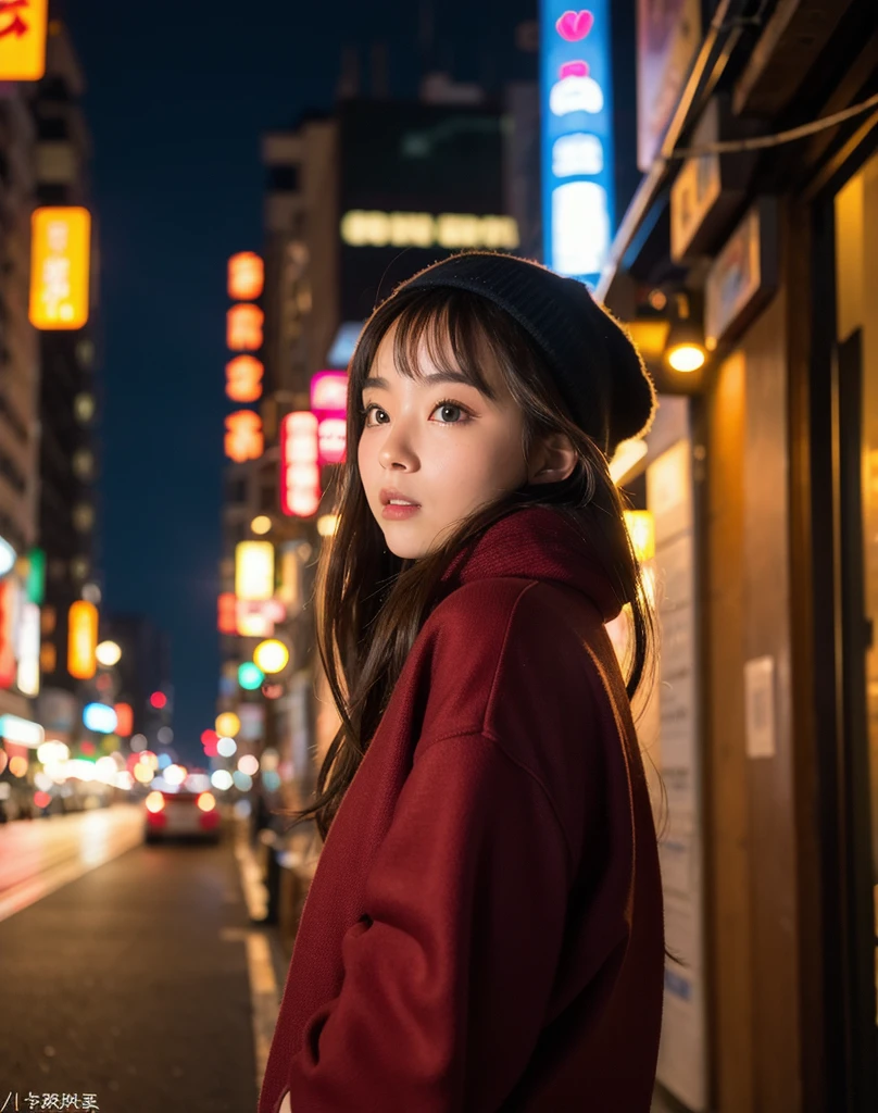 (4k, RAW photo, best quality, masterpiece:1.2),japanese,1girl,winter,night light,face focus,looking another,