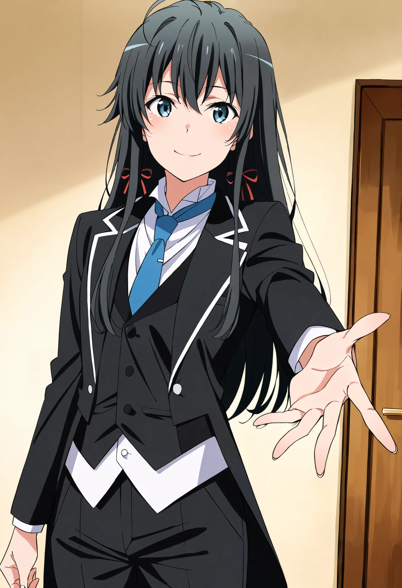 score_9, score_8_up, score_7_up, score_6_up, score_5_up, score_4_up1girl, solo, yukinoshita yukino,, suit tuxedo , , long hair, bangs, sidelocks, indoors, standing,happy,smile,looking at viewer, cowboy shot, blue tie woman in formal attractive suit tuxedo tailcoat standing in a large alcove in the room, , reaching towards viewer , one hand , badass , 