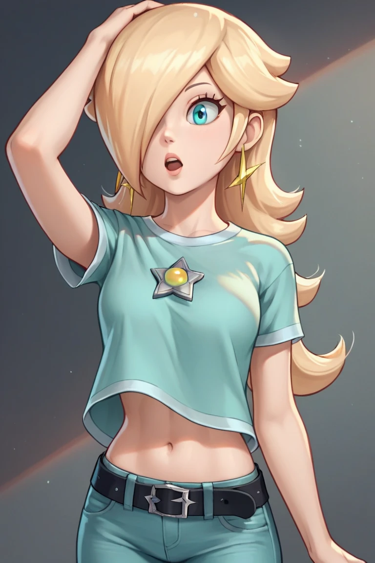 score_9, score_8_up, score_7_up, source_anime, rosalina, blonde hair, blue eyes, hair over one eye, long hair, star earrings, solo, cowboy shot, black t-shirt, taut clothes, tight shirt, midriff, navel, jeans, black belt, open mouth, scratching head