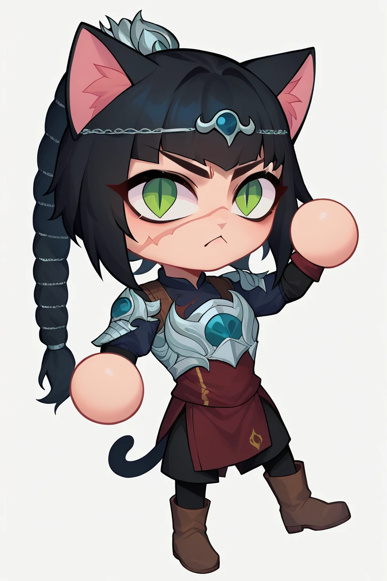 score_9, score_8_up, score_7_up, BREAK, 1girl, necoarc, cat ears, shadowheart, black hair, circlet, long hair, braided ponytail, green eyes, scar on face, armor, boots, chibi, slit pupils, solo, full body, white background 