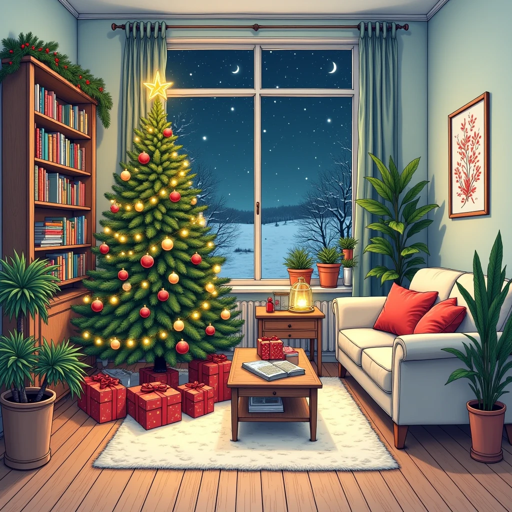   Best Quality ,   high resolution  , winter，night, (Hand-drawn, line art ),  Christmas tree,   Christmas，  cozy living room painting  ,  Christmas Gift Box Cozy Atmosphere, Detailed Textures,   Game Idol Research Institute  ,   rich colors,    decorative element   , Retro furniture, Wooden floor,  bookshelf full of books  , plush sofa  ,   plush pillow  ,   coffee table with magazines  , Wall Art  ,  Potted plants , window,   relaxed cozy atmosphere  ,   artistic and stylized depiction  