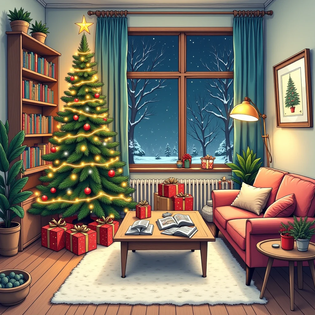   Best Quality ,   high resolution  , winter，night, (Hand-drawn, line art ),  Christmas tree,   Christmas，  cozy living room painting  ,  Christmas Gift Box Cozy Atmosphere, Detailed Textures,   Game Idol Research Institute  ,   rich colors,    decorative element   , Retro furniture, Wooden floor,  bookshelf full of books  , plush sofa  ,   plush pillow  ,   coffee table with magazines  , Wall Art  ,  Potted plants , window,   relaxed cozy atmosphere  ,   artistic and stylized depiction  