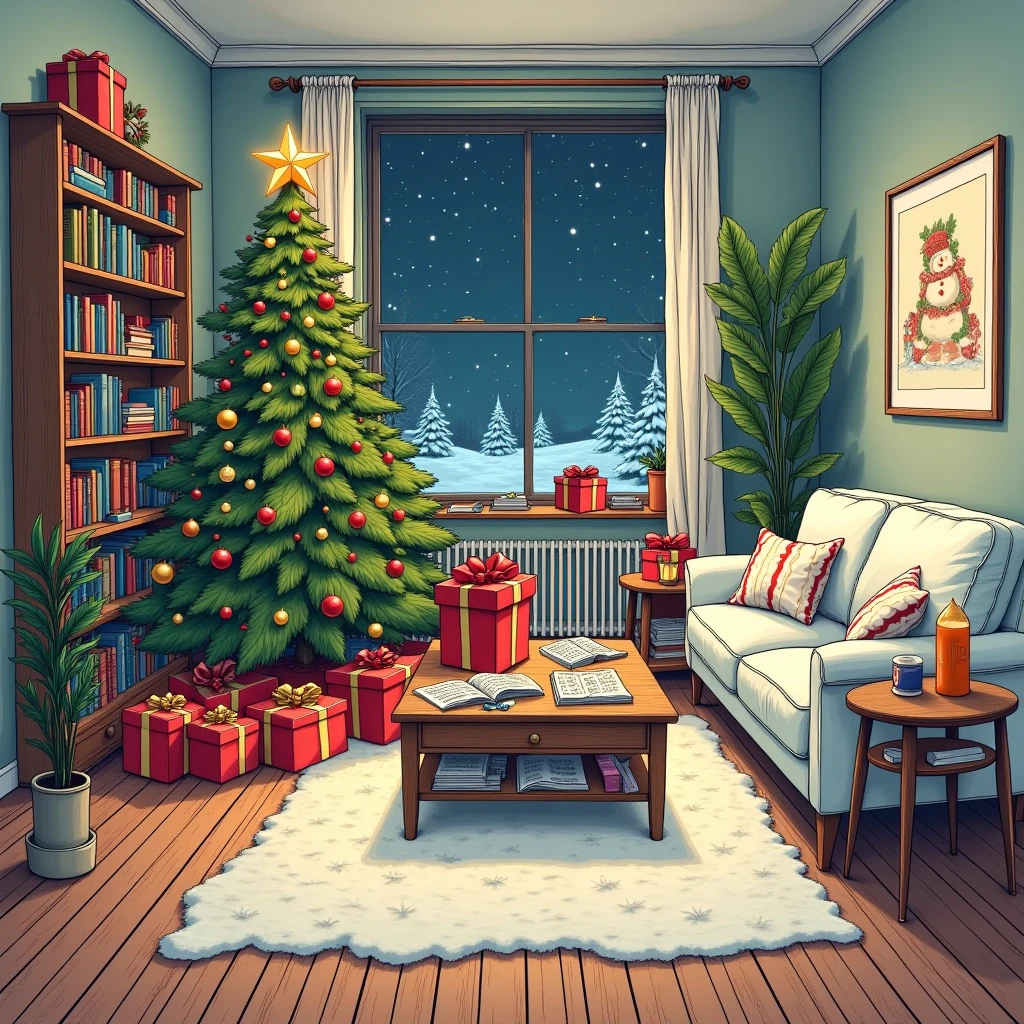   Best Quality ,   high resolution  , winter，night, (Hand-drawn, line art ),  Christmas tree,   Christmas，  cozy living room painting  ,  Christmas Gift Box Cozy Atmosphere, Detailed Textures,   Game Idol Research Institute  ,   rich colors,    decorative element   , Retro furniture, Wooden floor,  bookshelf full of books  , plush sofa  ,   plush pillow  ,   coffee table with magazines  , Wall Art  ,  Potted plants , window,   relaxed cozy atmosphere  ,   artistic and stylized depiction  