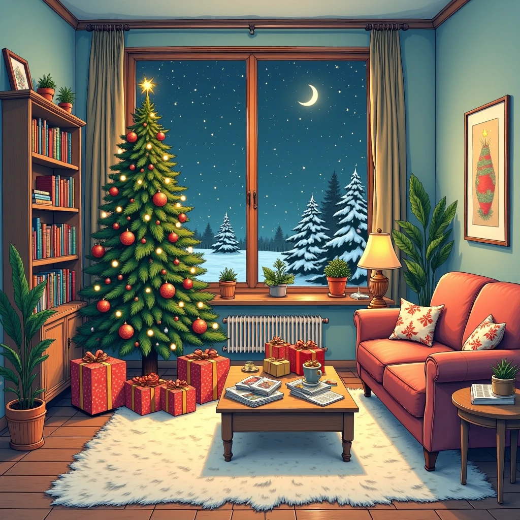   Best Quality ,   high resolution  , winter，night, (Hand-drawn, line art ),  Christmas tree,   Christmas，  cozy living room painting  ,  Christmas Gift Box Cozy Atmosphere, Detailed Textures,   Game Idol Research Institute  ,   rich colors,    decorative element   , Retro furniture, Wooden floor,  bookshelf full of books  , plush sofa  ,   plush pillow  ,   coffee table with magazines  , Wall Art  ,  Potted plants , window,   relaxed cozy atmosphere  ,   artistic and stylized depiction  