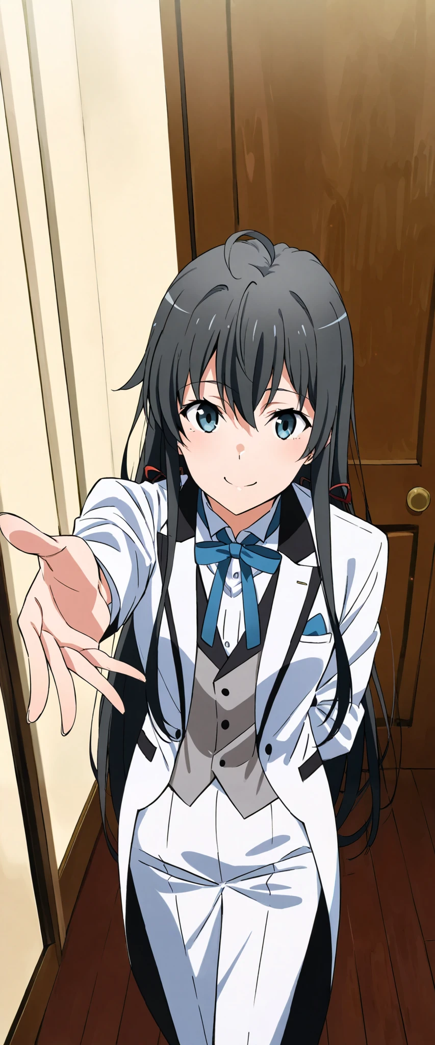 score_9, score_8_up, score_7_up, score_6_up, score_5_up, score_4_up1girl, solo, yukinoshita yukino,, suit tuxedo , , long hair, bangs, sidelocks, indoors, standing,happy,smile,looking at viewer, cowboy shot, blue tie woman in formal attractive suit tuxedo tailcoat standing in a large alcove in the room, , reaching towards viewer , one hand , badass , 