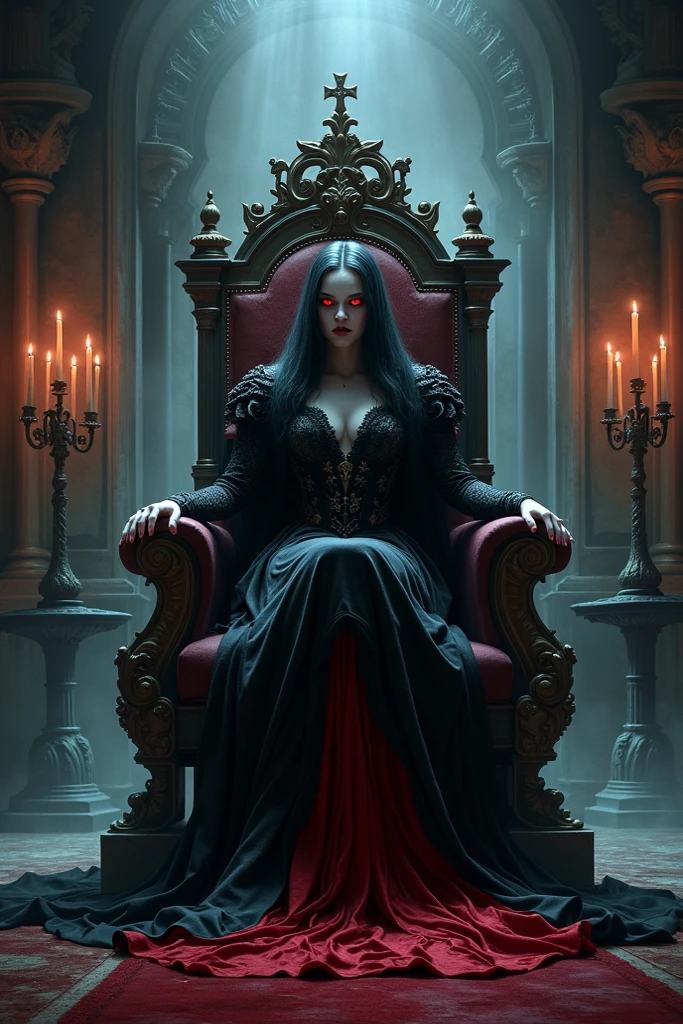 beautiful woman; long black hair; skull painting on your face; wearing a long red and black dress; holding a chalice; SITTING ON A THRONE; night scene in the background