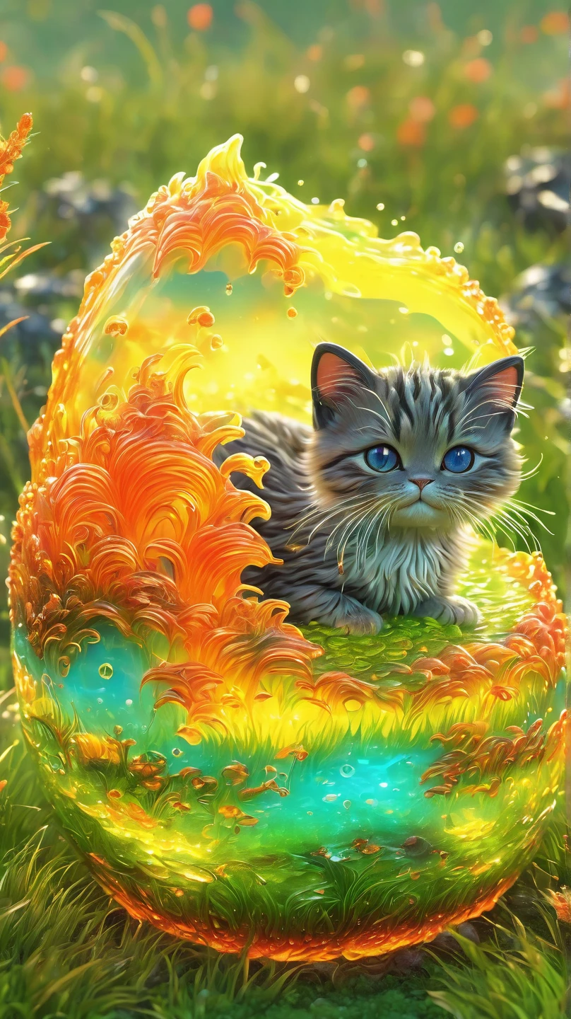 best quality, very good, 1.60,000, ridiculous, Extremely detailed, cute cat，Made of translucent boiling lava, Background grassland ((A masterpiece full of fantasy elements))), ((Best quality)), ((Intricate details)) (8K), ((best quality)), ((Intricate details)) (8K)