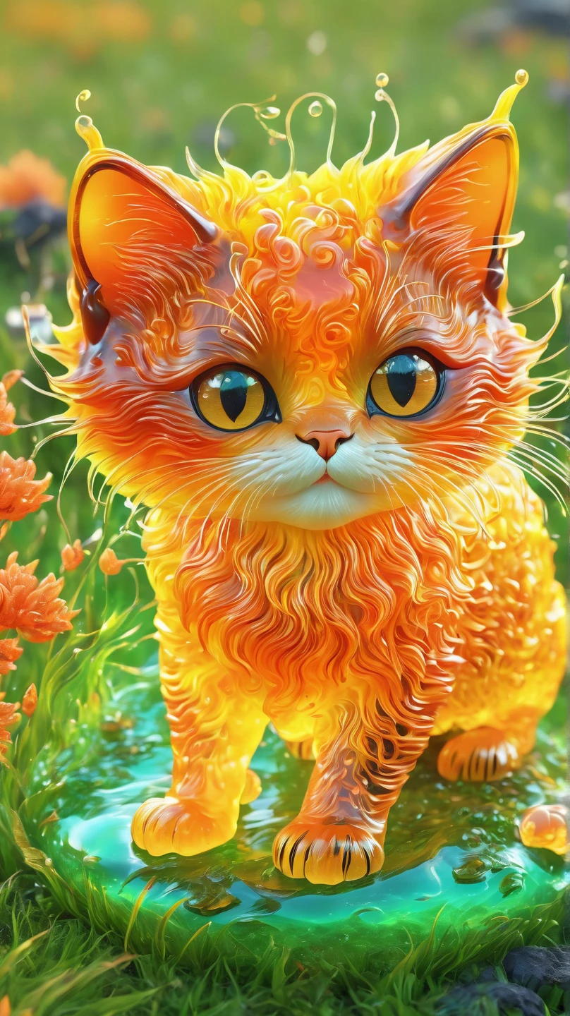 best quality, very good, 1.60,000, ridiculous, Extremely detailed, cute cat，Made of translucent boiling lava, Background grassland ((A masterpiece full of fantasy elements))), ((Best quality)), ((Intricate details)) (8K), ((best quality)), ((Intricate details)) (8K)