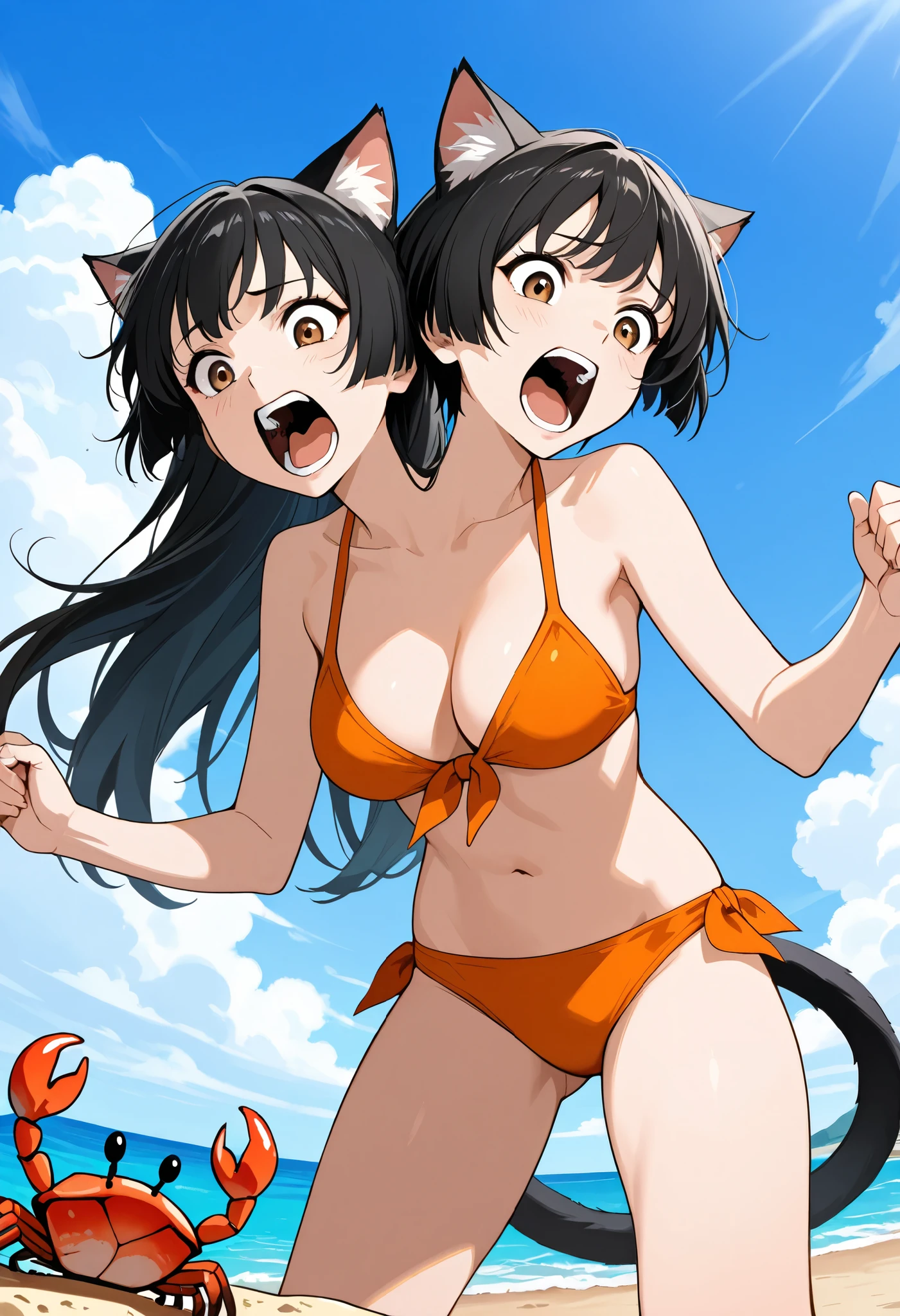 Hairy fox beast mother , Round face , (Tilt your face:1.1) , (Half-open wink:1.2) , Moist, round eyes , Swollen cheeks , Dark Hair , motherly smile , Glossy Lips , (nude:1.2) , (Body paint on tight fitting one piece swimsuit) , Sunny seaside , With the surprised beastmen