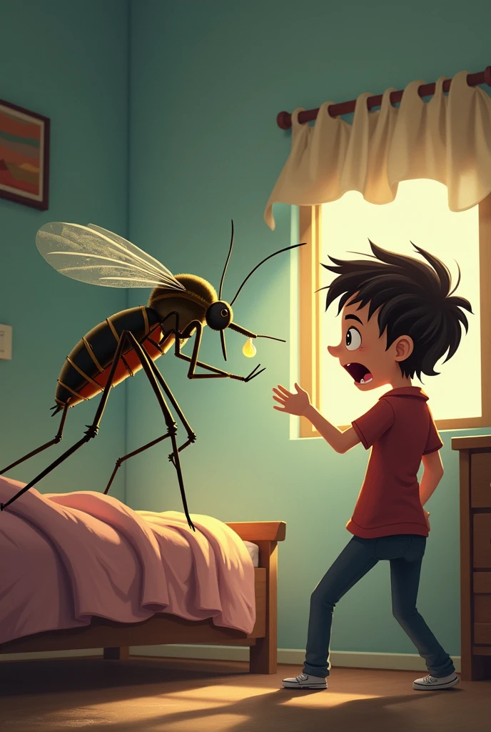 A mosquito at the tree at the house and children was afraid