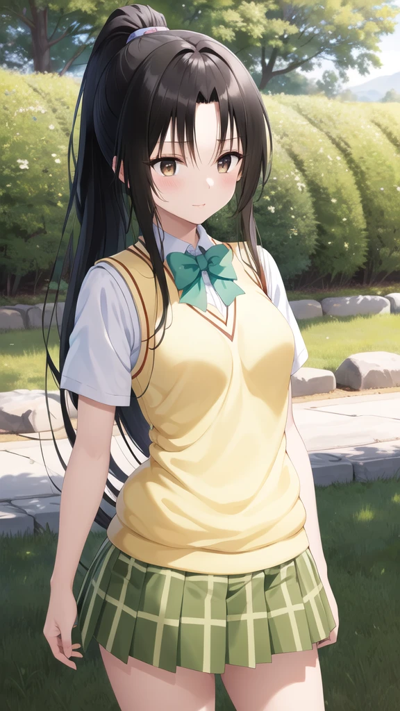 masterpiece, best quality, highres, 1girl, solo, long hair, black hair, ponytail, parted bangs, brown eyes, school uniform, green bowtie, white shirt, short sleeves, sweater vest, yellow vest, plaid skirt, green skirt, standing, cowboy shot, outdoors