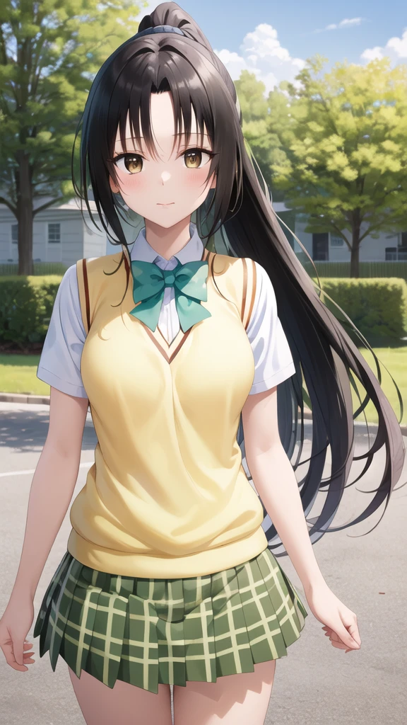 masterpiece, best quality, highres, 1girl, solo, long hair, black hair, ponytail, parted bangs, brown eyes, school uniform, green bowtie, white shirt, short sleeves, sweater vest, yellow vest, plaid skirt, green skirt, standing, cowboy shot, outdoors