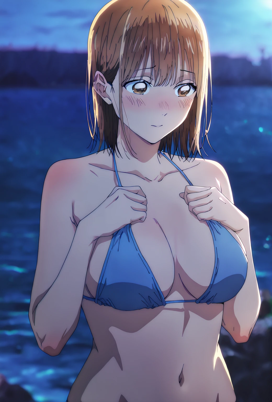   1 girl, Alone, Chinatsu,  Blurred Background,   brown eyes、  bikini、 medium boobs 、sea、night、 clevis on a stone、belly button、 viewers, masterpiece,  top quality,   High Quality ,    Very Refined ,   absurd、 boob bare、blush、 lift your chest