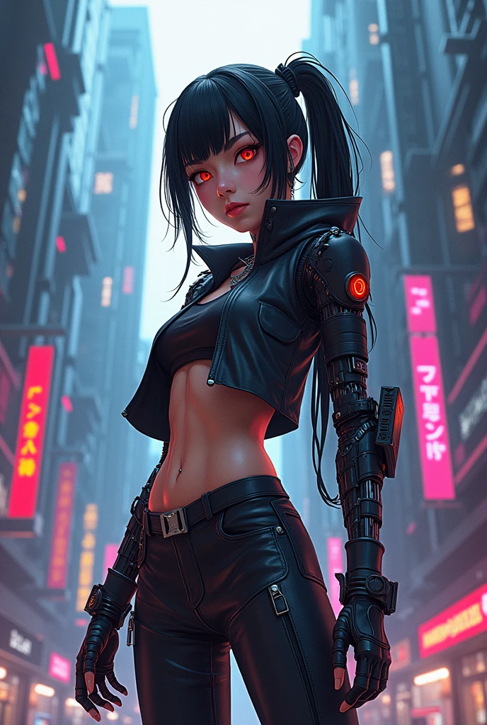 une fille, regard froid, regard inexpressif, Red eyes, black hair tied, saber in the back, tattoo, gangster, Yakuza, Aesthetic, cyberpunk, seductive cyberpunk dark fantasy,