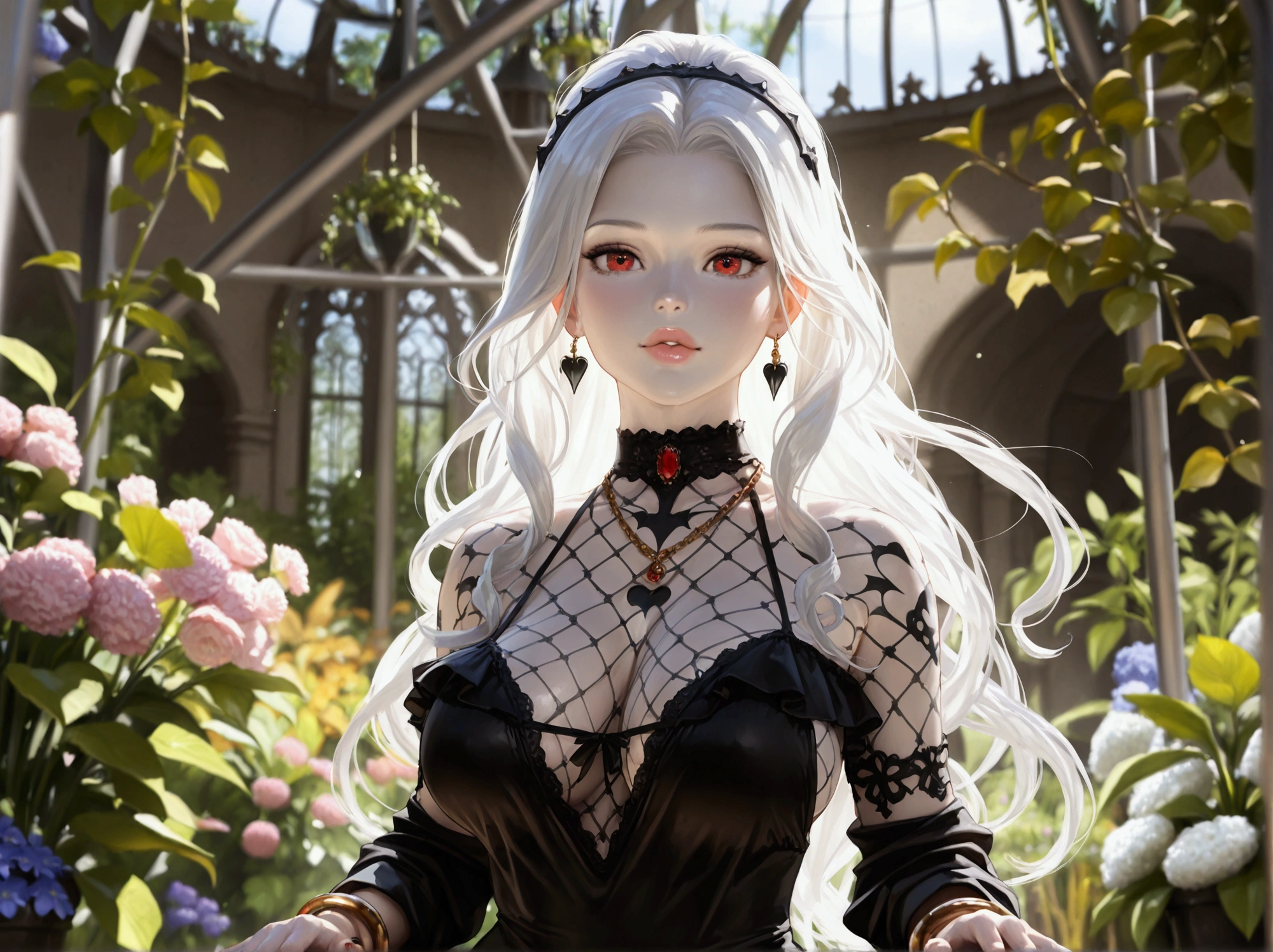 ((Masterpiece)), ((photorealistic)), (ultra-detailed), (High quality), (High detailed cloth materials), (cinematic lighting), (realistic light), (realistic shading), (illustration), motion blur. (Fantasy theme), giant castle greenhouse, garden. (1Woman), (Perfect anatomy), (beautiful), (perfect arms shape), (delaited hands shape), (perfect eyes shape), (beautiful detailed eyes), Big lips, (full body size appear), vampire, white skin, (big boobs), (big hips), curly hair, long hair, soft ancestral tattoos, dynamic pose. Elegeant black dress, detailed dress, legs lingerie, expensive necklace, expensive anklets, expensive bracelet.