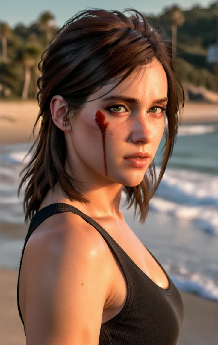 photo of ohxw, ellie, tattoo on left arm, woman, black jeans, close up, , meduim length hair, face details, low key lighting, blood on her face. Sexy face. Ribbed Tank top black .at the beach
Ribbed abdominal. Lean. High breast. As Santa Claus