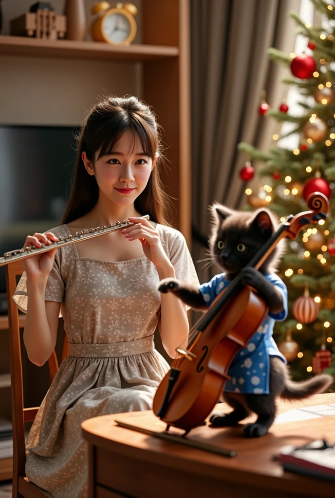 ultra-realistic, photorealistic, dramatic scene, shadow, global-illumination, A duo performance of flute and cello at a modest home Christmas party, (the human-like very large black chubby cat with vertical striped green apron is playing the cello in the stylish Japanese apartment room), (A beautiful with cute Japanese 20 years old girl is playing the flute), (20 years old girl with shoulder-length brown ponytail hair is showing smile), the girl looks so happy,  a TV and table and shelf are in the room, gorgeously decorated with Christmas decorations, Christmas tree, stylish furnishings, 