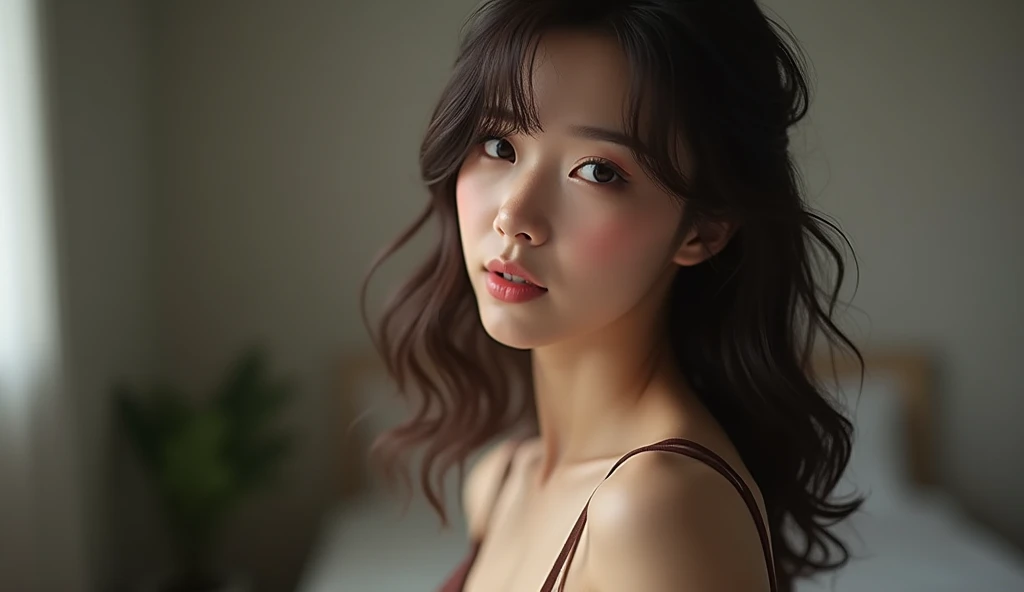 Japanese、Angular chin、Thick lips、Wavy hair up to brown shoulders、sexy、２５age、Plump face、From the knee up、Medium chest、