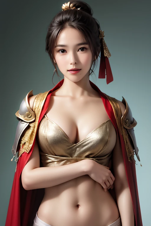 ((The upper body of a female warrior wearing gold and red armor and a cloak:1.4)),1 person,  black hair,  belly shortcut   ,Big breasts and cleavage,  high-definition face and skin texture  ,  staring at the camera,   Chinese Warrior:1.2,  perfect beauty: 1.4, fine grain,  double eyelids in a judo suit ,  whitening for women with bristles, top quality ,  super high res ,  simple background，Symmetrical Normal Eyes   , hair accessories, Slim Waist ,