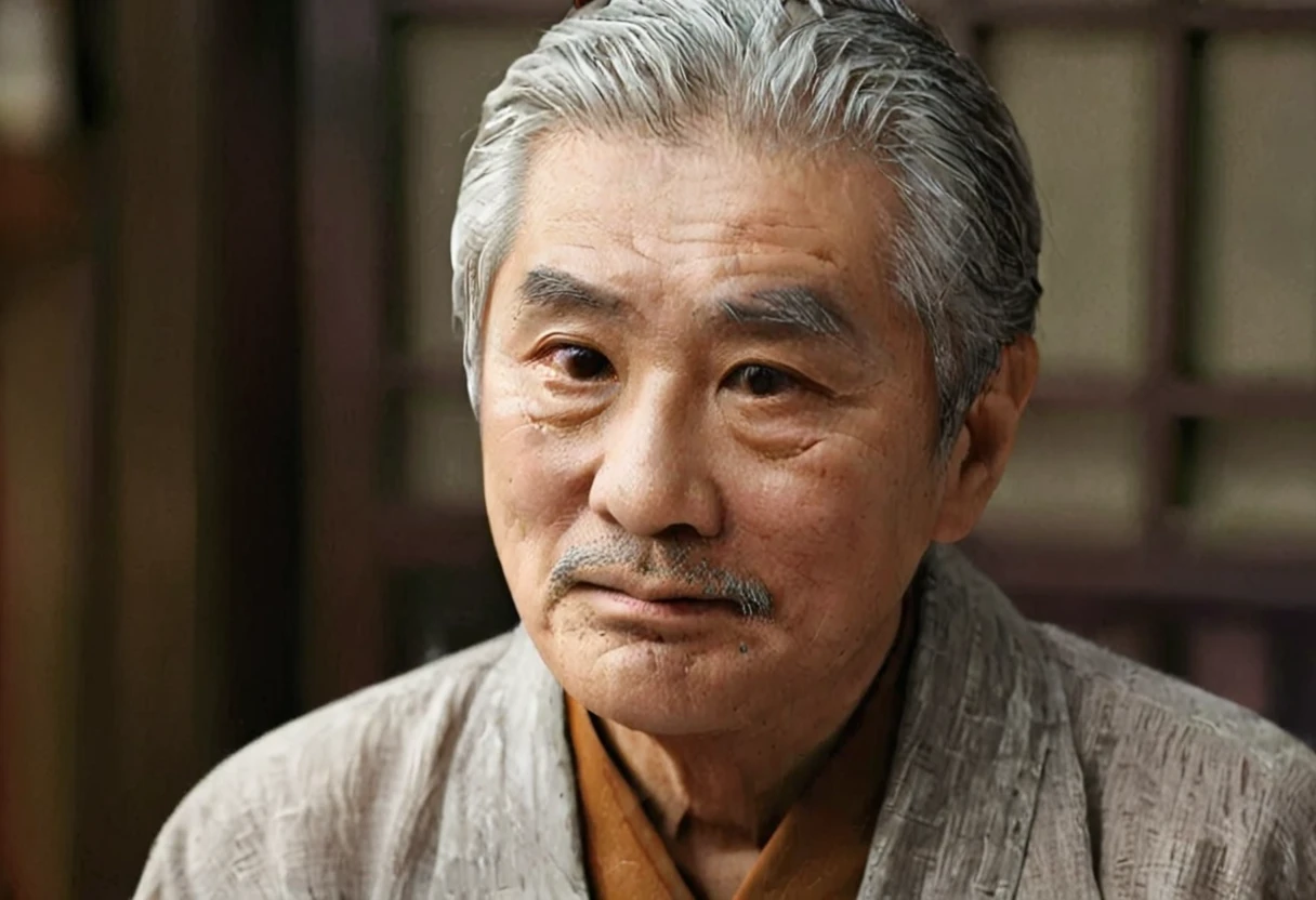 0 year old man、Asian look , Gray Hair,  grandpa-like cut,  caramel eyes 　 gentle expression 　Wrinkled 