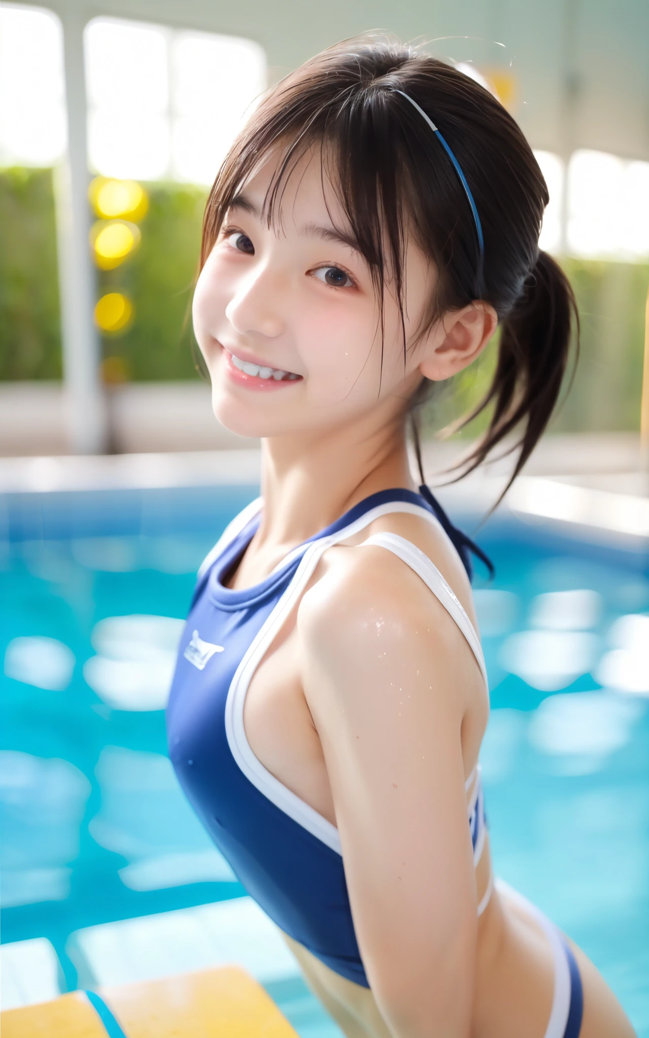 8yo, elementary school students,very small breasts that have begun to bulge,hair clip,School Swimsuit,  wet,Indoor swimming pool,Narrow shoulders,Thin arms, very thin :1.5, shot from the side,Smiling faintly,Young, short