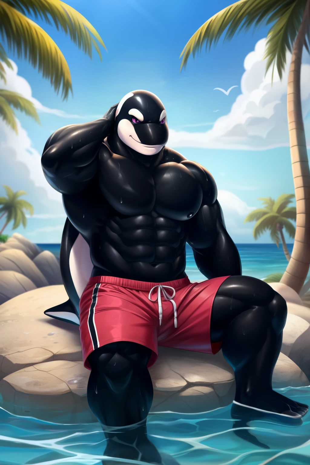 Anthropomorphic Gorilla, Muscular, Blue Speedos, Sunglasses, Big Daddy, By the Pool, Tilting Sunglasses, Eyes visible, Peeking at Someone, Teasing, Taunting, Aroused, Fully Erect, Exposed, Cock Visible, Black Fur, Gray Facial Features, Confident, Blue Eyes, Solo, Lounging, Reclined, Face Up, Digital Art <lora:Furtastic_Detailer:1> <lora:big_daddy:1>