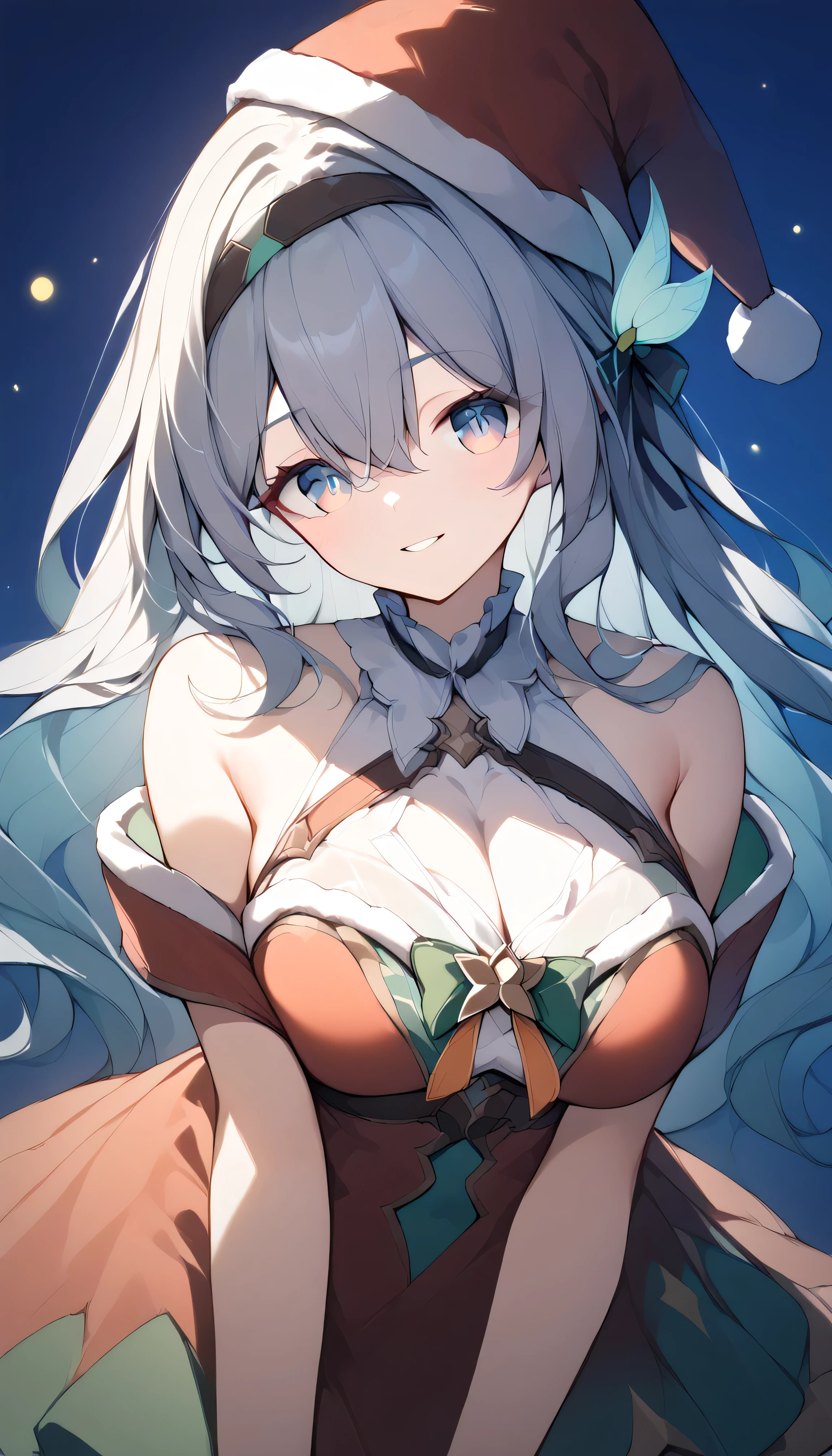 Firefly,   Big Breasts 　 long hair　silver hair　 Green Gradation　 headband　 hair ornament　Alone,  can see her eyebrows through her hair,  hair between eyes,  viewers, masterpiece,  top quality , very aesthetic,  Santa Costume　 Santa hat 　 sleeveless　 night view　 Christmas　smile