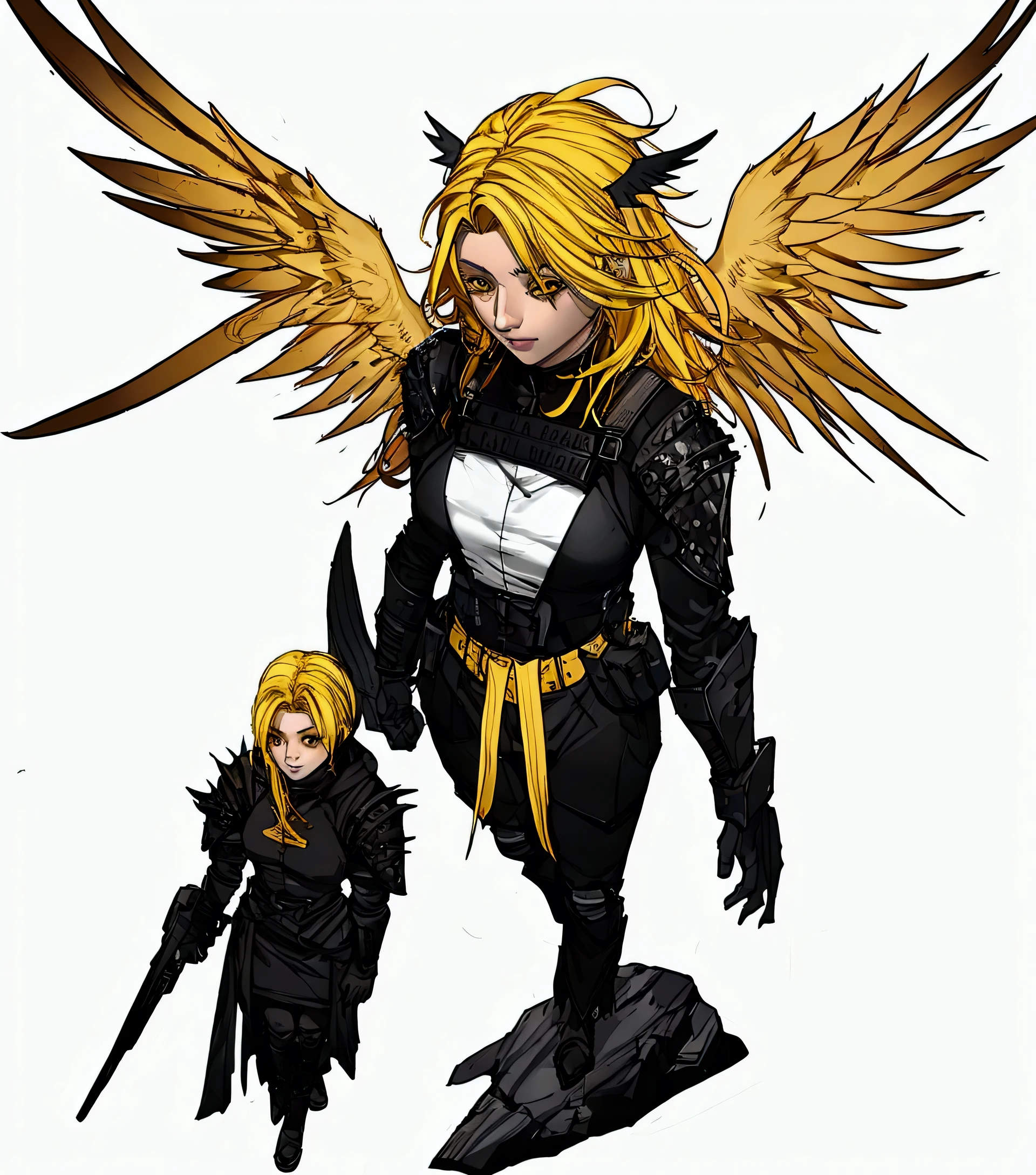 woman, angel, black rock clothes,iron wings, yellow hair,black jens