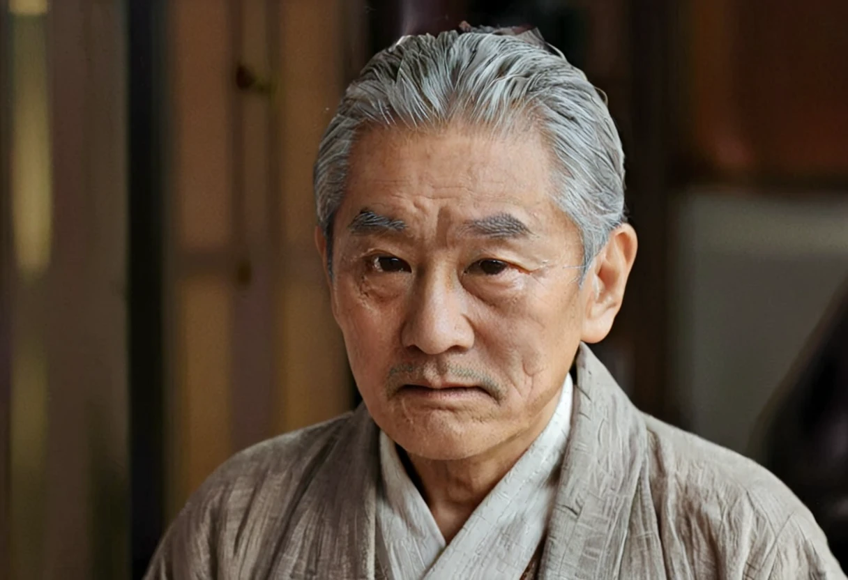 0 year old man、Asian look , Gray Hair,  grandpa-like cut,  caramel eyes 　 gentle expression 　Wrinkled 
