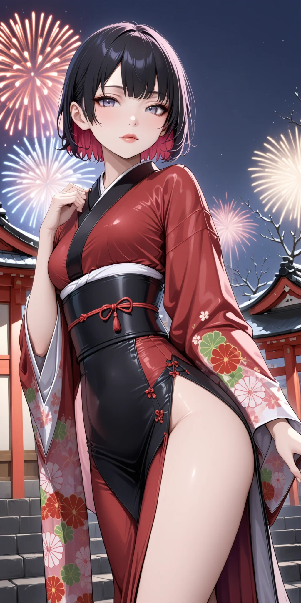 score_9, score_8_up, score_9_up, source_anime, ellenjoe, night, passionless, closed mouth, ellen joe, black hair,  sexy body, colored inner hair, multicolored hair, grey eyes, red hair, short hair,  two-tone hair, night, new year japanese temple, new year fireworks, morning, nostalgic face, elegant red kimono, long kimono, half open kimono, uncovered shoulders, winter,  winter dress, long skirt, lace collar, lace, sexy body,  small breasts, two-tone hair,  looking at viewer, beautiful eyes, sexy legs, solo, fantasy world, night, beautiful eyes