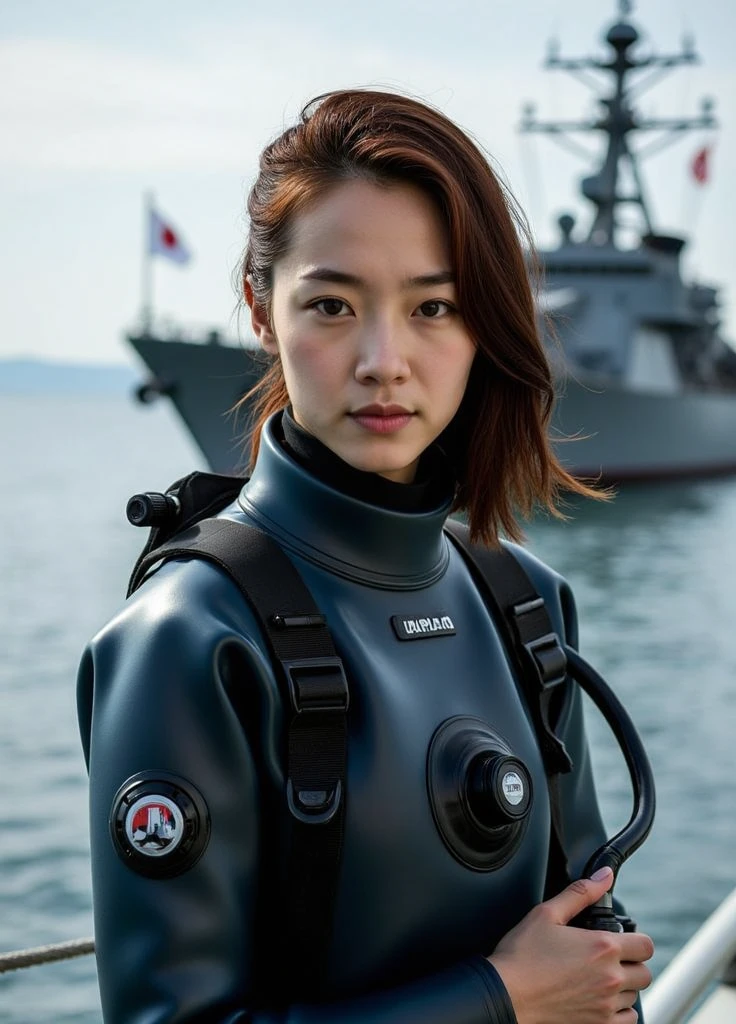 A documentary photo, Photo-realistic, ultra-realistic, (Japanese beautiful young woman, famous Japanese idol, boyish cool face:1.3), wetlook rubberish blue clothes,, she is a military diver of Japan navy, experienced military diver, wearing a professional wetsuits for military diver with professional scuba equipment, She is on a shlre, She is preparing to scuba dive for a lifesaving mission, there is a large battle ship behind her,, Natural Makeup, boyish face ,Front View:1.21, Perfect Anatomy:1.21, Small head:1.21, Slender body:1.37, Narrow waist:1.5, Thin limbs:1.5, Flat Chest:1.5, Anatomically correct limbs, Diving Suits drysuits (high smooth turtleneck collar), Fully equipped for diving, Very cute Japanese woman, Brown Hair, Chignon Hair, woman holds oval scuba mask, Calm sea in qinter, Dynamic and emotional movie lighting, 